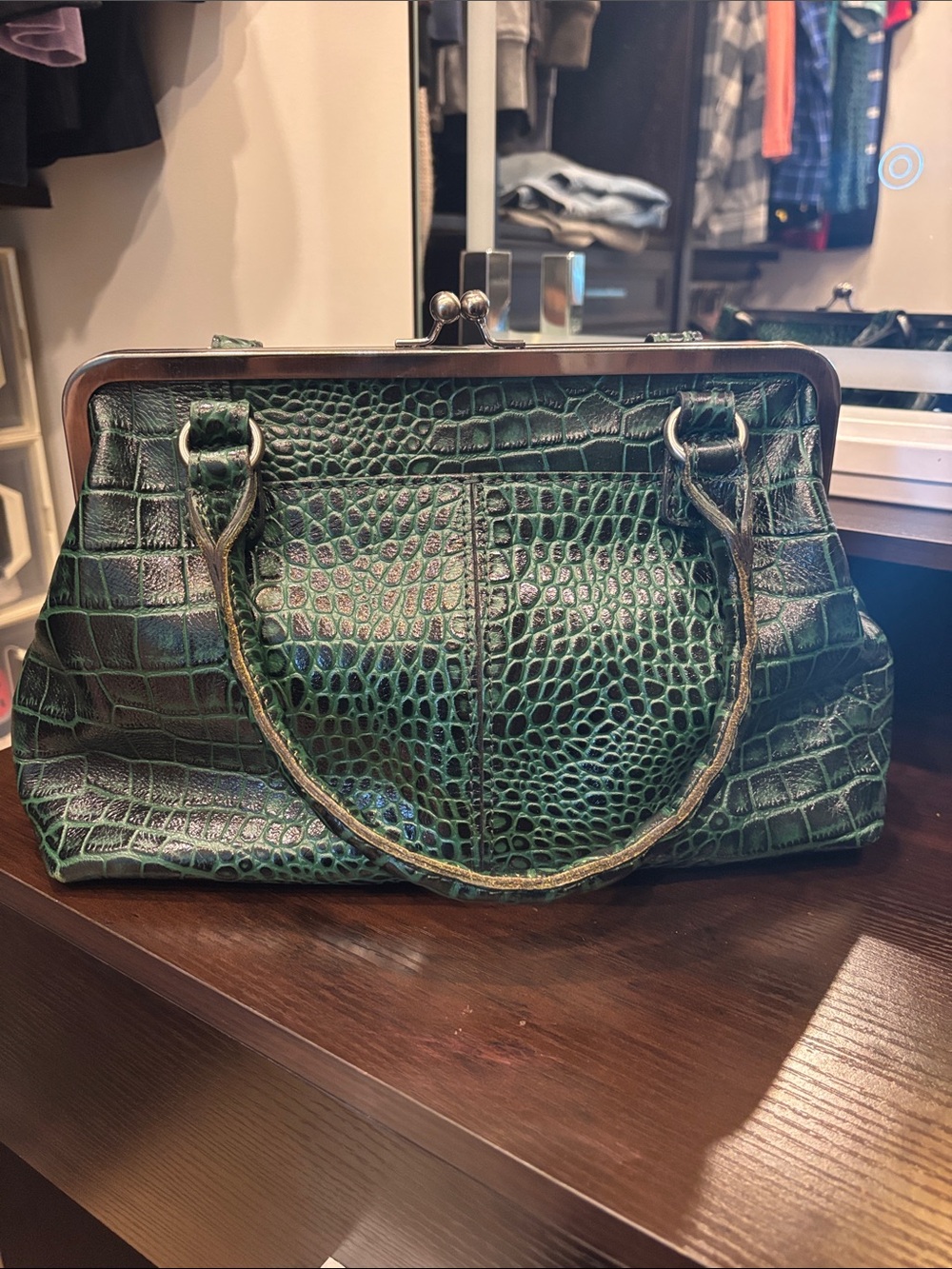Patricia Nash Emerald Croc-Embossed Frame Satchel - Picture 2 of 4